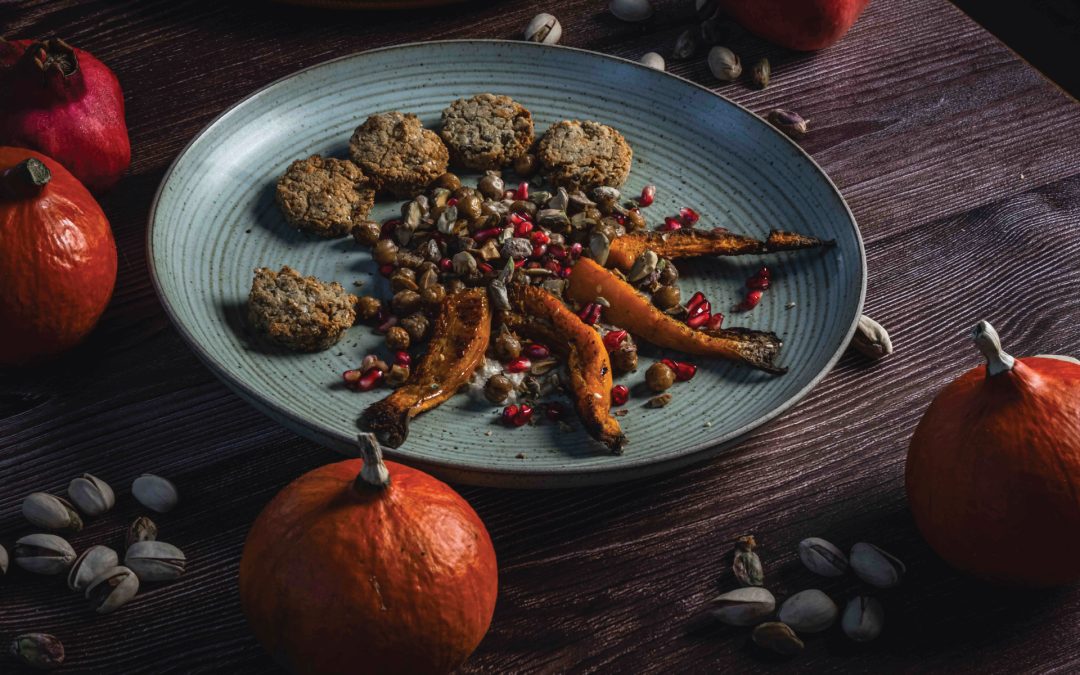 Baked Pumpkin on Hummus with Chickpeas and Falafel
