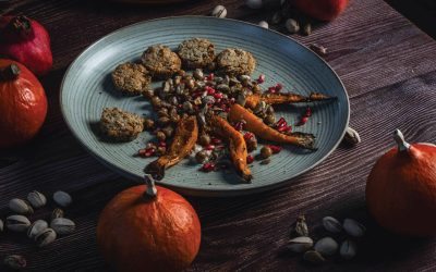 Baked Pumpkin on Hummus with Chickpeas and Falafel